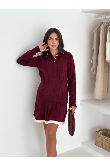 Polo Yaka Saç Örgülü Çizgi Detaylı Triko Etekli Takım