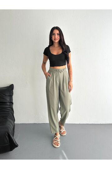 Yumuşak Doku Beli Bağcıklı Düğmeli Modal Kumaş Pantolon