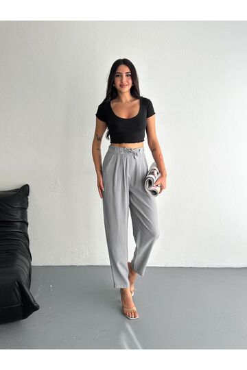 Yumuşak Doku Beli Bağcıklı Düğmeli Modal Kumaş Pantolon