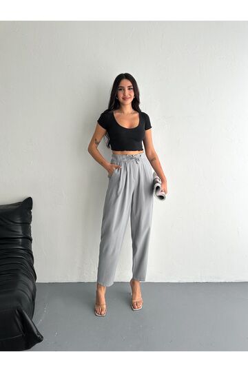 Yumuşak Doku Beli Bağcıklı Düğmeli Modal Kumaş Pantolon