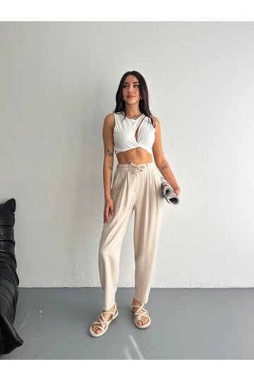 YUMUŞAK DOKU BELİ BAĞCIKLI DÜĞMELİ MODAL KUMAŞ PANTOLON