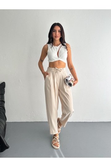 YUMUŞAK DOKU BELİ BAĞCIKLI DÜĞMELİ MODAL KUMAŞ PANTOLON