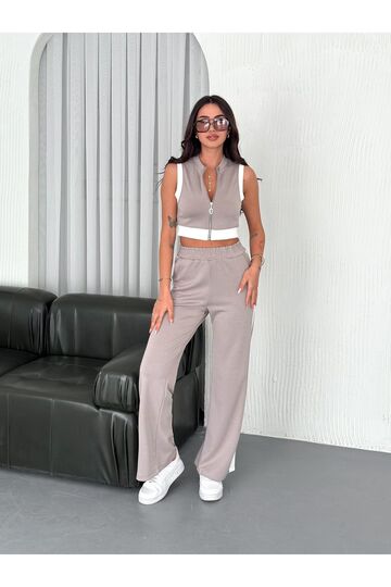 Yumuşak Doku Şerit Detaylı Fermuarlı Kolsuz Modal Kumaş Alt-Üst Takım