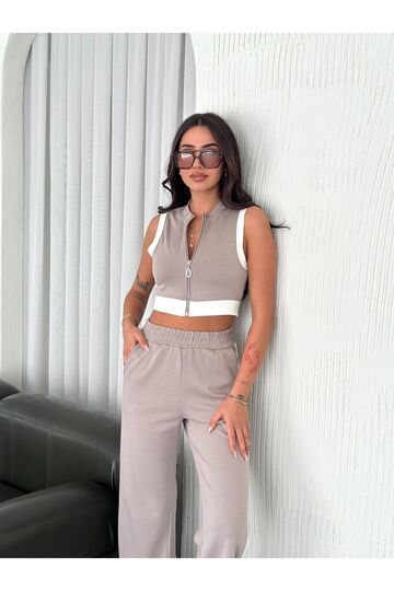 Yumuşak Doku Şerit Detaylı Fermuarlı Kolsuz Modal Kumaş Alt-Üst Takım