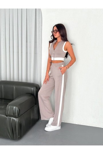 YUMUŞAK DOKU ŞERİT DETAYLI FERMUARLI KOLSUZ MODAL KUMAŞ ALT-ÜST TAKIM
