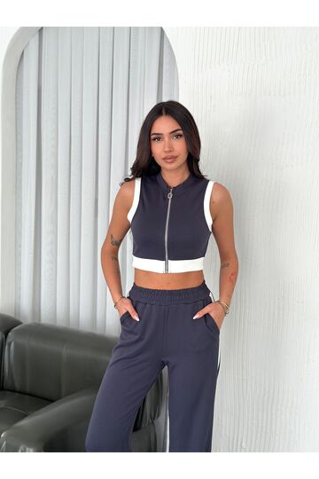 Yumuşak Doku Şerit Detaylı Fermuarlı Kolsuz Modal Kumaş Alt-Üst Takım