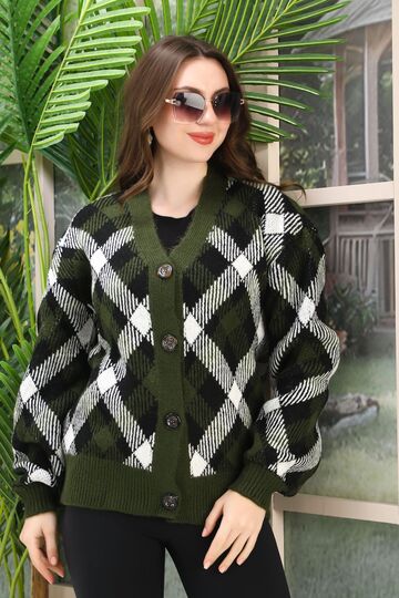 Oversize Yumuşak Ekose Kare Örme Detaylı Düğmeli Triko Hırka