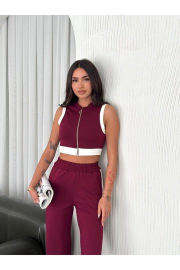 YUMUŞAK DOKU ŞERİT DETAYLI FERMUARLI KOLSUZ MODAL KUMAŞ ALT-ÜST TAKIM