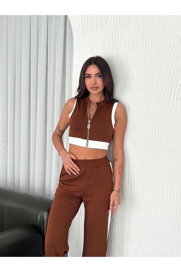 Yumuşak Doku Şerit Detaylı Fermuarlı Kolsuz Modal Kumaş Alt-Üst Takım