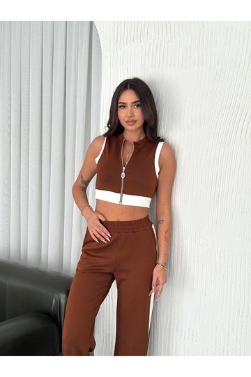 YUMUŞAK DOKU ŞERİT DETAYLI FERMUARLI KOLSUZ MODAL KUMAŞ ALT-ÜST TAKIM