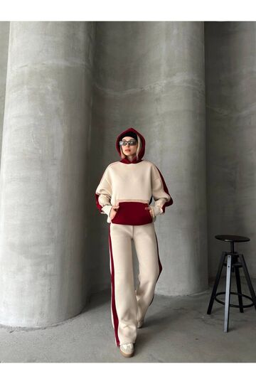 Oversize Kapüşonlu Garnili 3 İplik Şardonlu Geniş Paça Eşofman Takım
