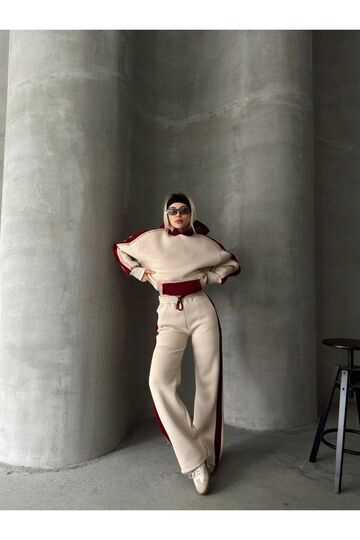 Oversize Kapüşonlu Garnili 3 İplik Şardonlu Geniş Paça Eşofman Takım