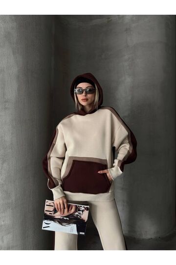 Oversize Kapüşonlu Garnili 3 İplik Şardonlu Geniş Paça Eşofman Takım