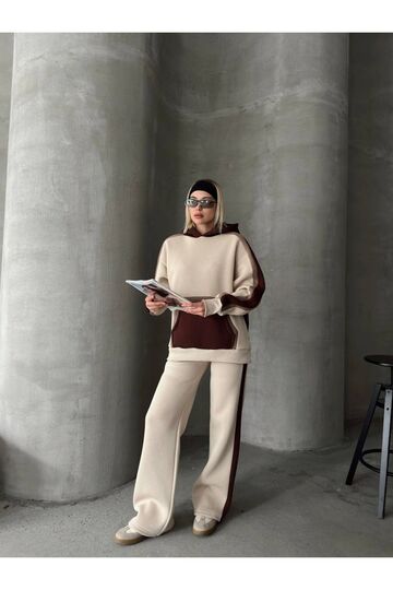 Oversize Kapüşonlu Garnili 3 İplik Şardonlu Geniş Paça Eşofman Takım