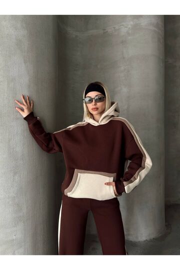 Oversize Kapüşonlu Garnili 3 İplik Şardonlu Geniş Paça Eşofman Takım