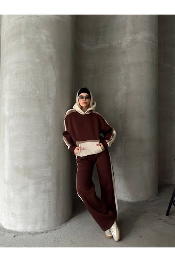 Oversize Kapüşonlu Garnili 3 İplik Şardonlu Geniş Paça Eşofman Takım