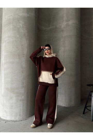 Oversize Kapüşonlu Garnili 3 İplik Şardonlu Geniş Paça Eşofman Takım