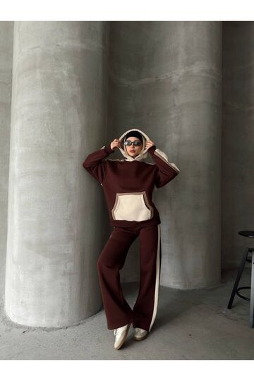 Oversize Kapüşonlu Garnili 3 İplik Şardonlu Geniş Paça Eşofman Takım