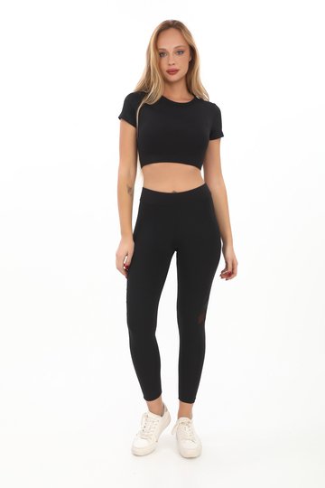 SLİMFİT  BİSİKLET YAKA  CROP  BODY VE TÜLÜ TAYT COMBİN TAKIM