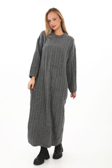 Oversize Salaş Saç Örgülü Yumuşak Triko Elbise