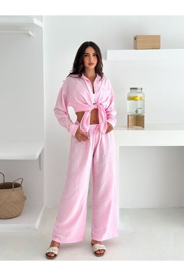 Beli Lastikli Geniş Paça Çilek Kumaş Gömlekli Takım