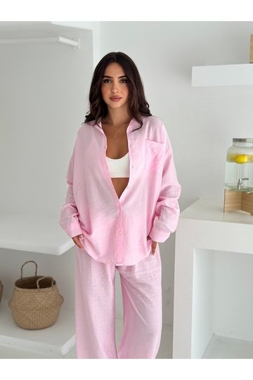 Beli Lastikli Geniş Paça Çilek Kumaş Gömlekli Takım
