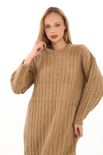 Oversize Salaş Saç Örgülü Yumuşak Triko Elbise