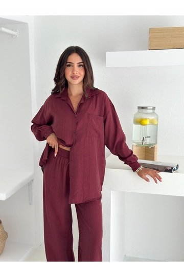 Beli Lastikli Geniş Paça Çilek Kumaş Gömlekli Takım
