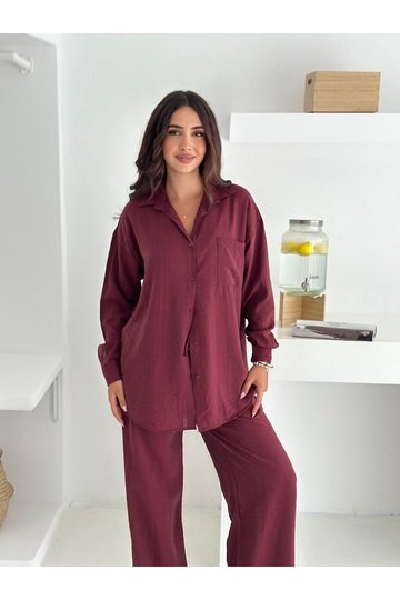 Beli Lastikli Geniş Paça Çilek Kumaş Gömlekli Takım