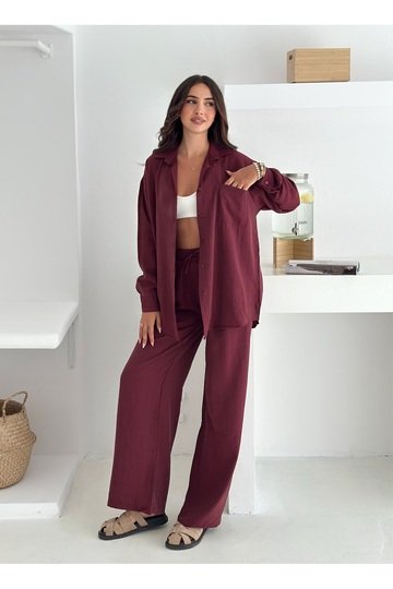 Beli Lastikli Geniş Paça Çilek Kumaş Gömlekli Takım