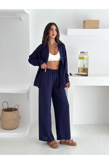 Beli Lastikli Geniş Paça Çilek Kumaş Gömlekli Takım