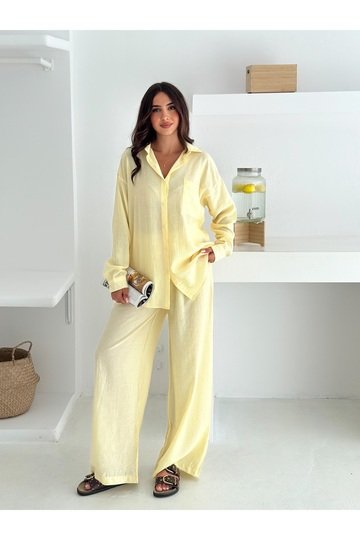 Beli Lastikli Geniş Paça Çilek Kumaş Gömlekli Takım