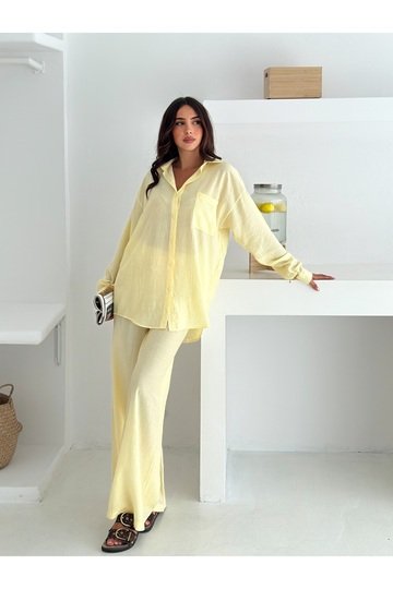 Beli Lastikli Geniş Paça Çilek Kumaş Gömlekli Takım