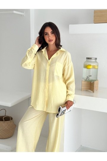 Beli Lastikli Geniş Paça Çilek Kumaş Gömlekli Takım