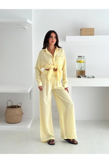 Beli Lastikli Geniş Paça Çilek Kumaş Gömlekli Takım