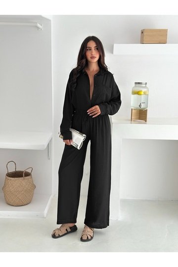 Beli Lastikli Geniş Paça Çilek Kumaş Gömlekli Takım