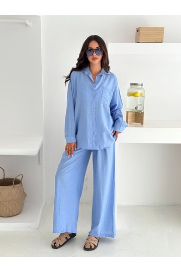 Beli Lastikli Geniş Paça Çilek Kumaş Gömlekli Takım
