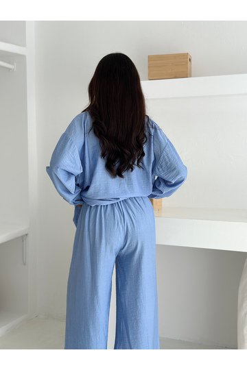 Beli Lastikli Geniş Paça Çilek Kumaş Gömlekli Takım