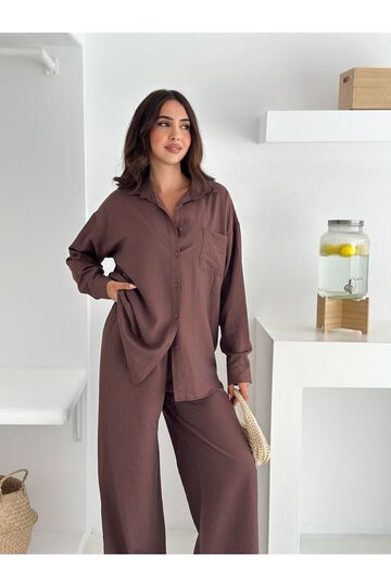 Beli Lastikli Geniş Paça Çilek Kumaş Gömlekli Takım