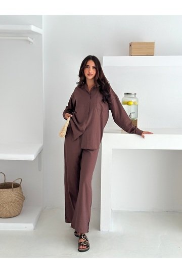 Beli Lastikli Geniş Paça Çilek Kumaş Gömlekli Takım