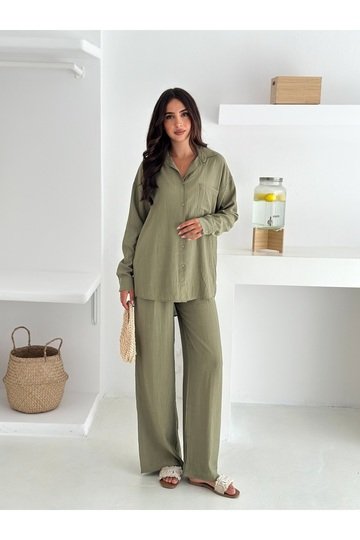 Beli Lastikli Geniş Paça Çilek Kumaş Gömlekli Takım