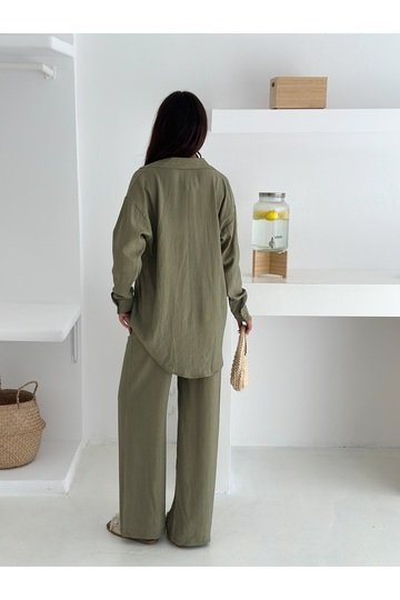 Beli Lastikli Geniş Paça Çilek Kumaş Gömlekli Takım