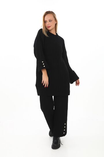 Oversize Uzun Kazak Düğme Detaylı Yumuşak  Geniş Paçalı Triko Tkım