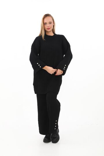 Oversize Uzun Kazak Düğme Detaylı Yumuşak  Geniş Paçalı Triko Tkım