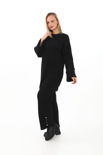 Oversize Uzun Kazak Düğme Detaylı Yumuşak  Geniş Paçalı Triko Tkım