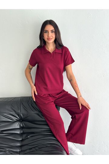 Polo Yaka Geniş Paça Modal Kumaş Kısa Kollu Eşofman Takım