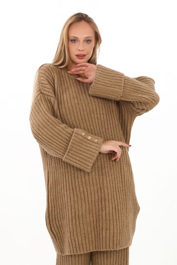 Oversize Uzun Kazak Düğme Detaylı Yumuşak  Geniş Paçalı Triko Tkım