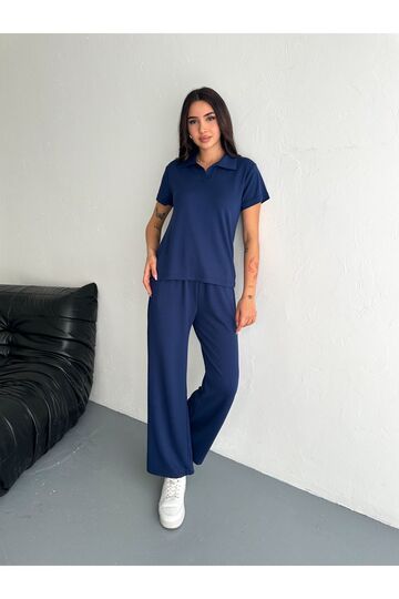 Polo Yaka Geniş Paça Modal Kumaş Kısa Kollu Eşofman Takım