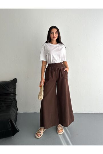 Gabardin Kumaş Beli Lastikli Geniş Paça Pantolon