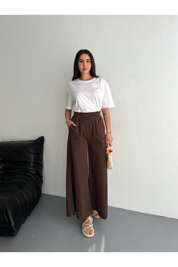 GABARDİN KUMAŞ BELİ LASTİKLİ GENİŞ PAÇA PANTOLON